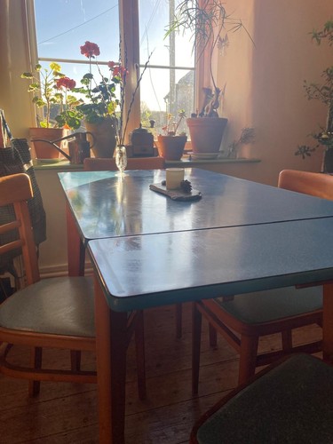 Blue formica table with - , 4