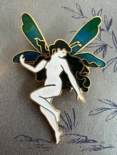 Vintage 1970 980s Cloisonne Fairy Brooch Nude Green Blue Wings Art Nouveau Style