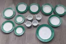 Sabichi Housewares Fine China Plates, Bowls &Cups  14pcs White - Wide Green Rim 
