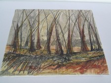 ORIGINAL PAINTING BY TEXTILE ARTIST AMANDA HISLOP WINTER WILLOWS STITCHING MIXED