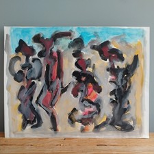 Bold Abstract Painting Bright Bold Blue Red Grey Black Figures dancing F K Owen