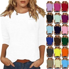 Womens Tops T-Shirt Casual O-Neck Three Quarter Sleeve Solid Color Blouse Tunic