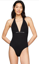 Tommy Hilfiger Women’s Swimsuit Halter Neck Textured Removable Pads Black UK 6