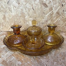 Vintage Amber Glass Butterfly Dressing Table Set Tray Candlestick Ring Stand