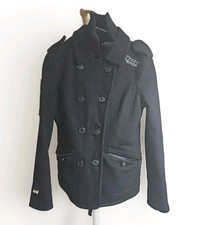 Superdry NAVY LABEL Classic Pea Coat Mens Black Double Breasted Jacket Size S 