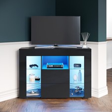 Corner TV Stand Cabinet Unit Stand High Gloss Black with LED Lights 2 Drawers