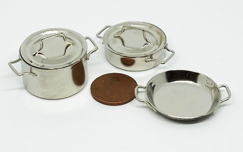 Dolls house silver saucepans - dolls,