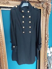 F&F Wool Mix Black Long Coat Military Sz 10 Lined Statement Buttons Fit & Flare