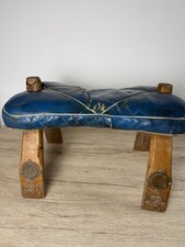 Pair Vintage Egyptian Camel Saddle Seats (Blue & Red) + Wood Base Ottoman/Stool