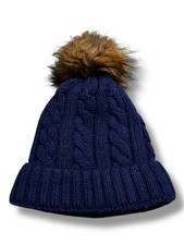 Navy Cable Knit Faux Fur Pom Beanie Hat Fleece Lined Winter Warm Bobble Hat