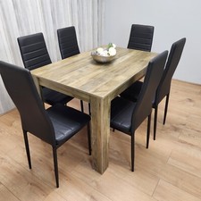 Dining Room Table Set Rustic Effect Dining Table and 6 Black Faux Leather Chairs