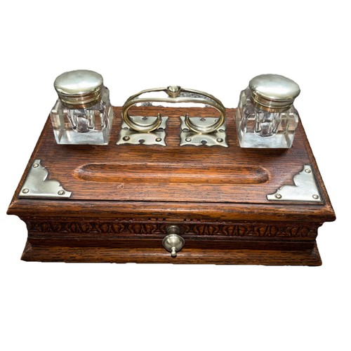 Victorian oak inkwell stand - victorian,