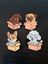 Set Of 4! Cute Puppies In Boxes! Metal Pin Badges!