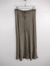 M&S Women's Skirt Mocha Green Satin Drawstring Waist Midi RRP £35 New F2