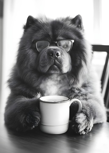 Chow dog drinking - a, cup