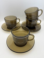 Set Of 4 Vintage Vereco France Brown Smoke Glass Cups & Saucers Coffee Tea 