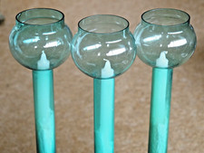 Three Tall Aqua Green Clear Glass Goblet Stem Candle Holder.