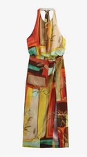 Zara tropical print multicolor halterneck dress SS25 back tie long slit Size S