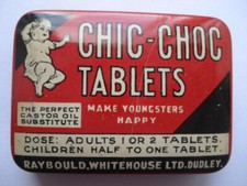C1930S VINTAGE RAYBOULD WHITEHOUSE LTD CHIC-CHOC TABLETS SMALL LAXATIVES TIN