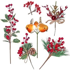 Christmas Artificial Stem Picks with Berries / Robins for Garlands and Wreaths