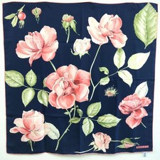 Tiffany & Co. 100% Silk Scarf Floral Print Navy Peach Khaki Made in Italy