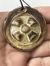 Artisan 1978 Vintage Studio Art pottery Brooch Signed Babs Cross Wheel Viking