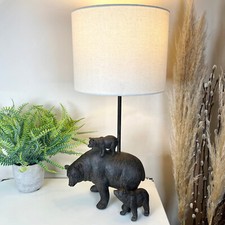 Bear Family Lamp White Drum Shade Resin Black Animal Tall Bedside Table Light 