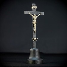 Crucifix Altar | French Antique Wooden Cross | Metal Jesus Christ | 13.8 "