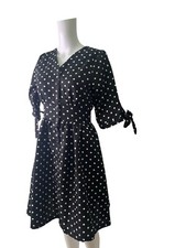Real Form Fit & Flare Linen Dress Size 10 Womens EU38 Black Polka Dot V-Neck