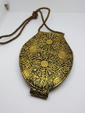 Vintage 1920s Art Deco Flapper Dance Purse | Black & Gold Tooled Bag with Mirror