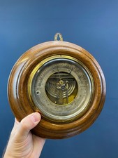 ANTIQUE SOLID OAK OPEN FACE ROUND ANEROID BAROMETER THERMOMETER