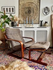 Vintage 70s Scandinavian Bentwood Cantilever Chair w Ottoman by Westnofa Norway