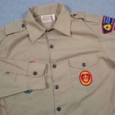 Vintage Boy Scouts Shirt Mens Medium Beige BSA Life Scout Patrol Leader Patches