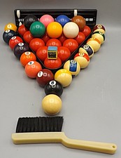 Vintage Snooker & Pool Ball Set, Scoreboard, Triangle,  New Chalk & Table Brush