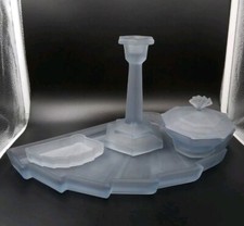 Bagley 'Whitby' Frosted Blue Glass Partial Dressing Table Set, #3002 Vintage 
