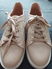 Cream Sparkly Glitter Lightweight Lace Tie Shoes Size 5 With Cushion Heel