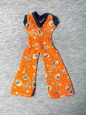 Vintage 1970s orange jumpsuit wave splash water pattern blue trim fit 12” dol