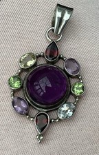 925 Silver Jaipur Multi Gemstone Large Pendant