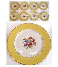 Set of 8 ~ Syracuse China 'Old Ivory' OPCO Dinner Plates, Yellow Band 10.5"