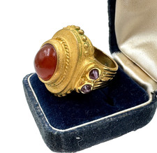 ANTIQUE OLD RING MEDIEVAL LOOK S7 GOLD OVR SILVER XL CARNELIAN CABOCHON AMETHYST