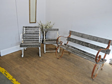 Vintage Teak Garden Bench & Two Chairs With Cast Iron Ends  |154