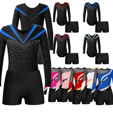 UK Girls 2Pcs Shiny Dance Outfits Long Sleeve Gymnastic Leotard Bodysuit +Shorts