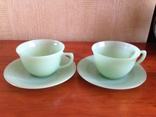 2 FIRE KING Oven Ware Green Jadeite Ribbed Jane Ray Tea Cup & Saucers