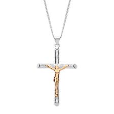 925 Sterling Silver & 9ct Yellow Gold Large Crucifix Cross Pendant Necklace