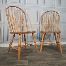 Pair 2 Retro Solid Wooden Hoop Back Windsor Dining Chairs Seats Beech - Blonde