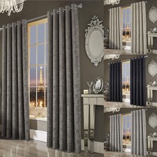 Crushed Velvet Curtains Eyelet Ring Top Ready Made Lined "Distressed" Grey Black