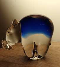 ART GLASS HIPPO figurine paperweight blue graduated clear Murano style 4" x 3.5"