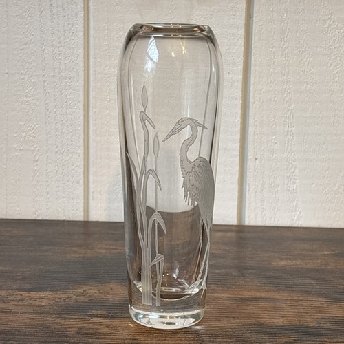 Etched crane heron - vase, bird