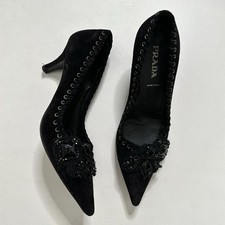 Authentic Prada Black Suede Lace Up Sides Crochet Gem Floral Kitten Heels