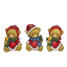 Christmas Teddy Ornament x3 Set of Figurines Festive Red Teddy Decoration Resin